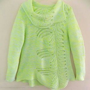 Long cowl-neck sweater M Green Yellow Crochet Two-tone knit Big collar Pullover